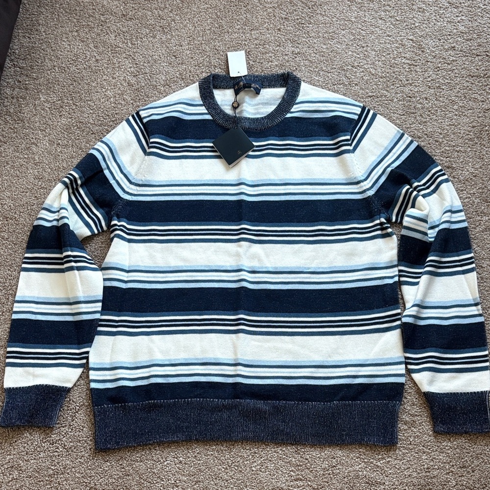 Brooks Brothers Navy and Cream Striped Crewneck Sweater